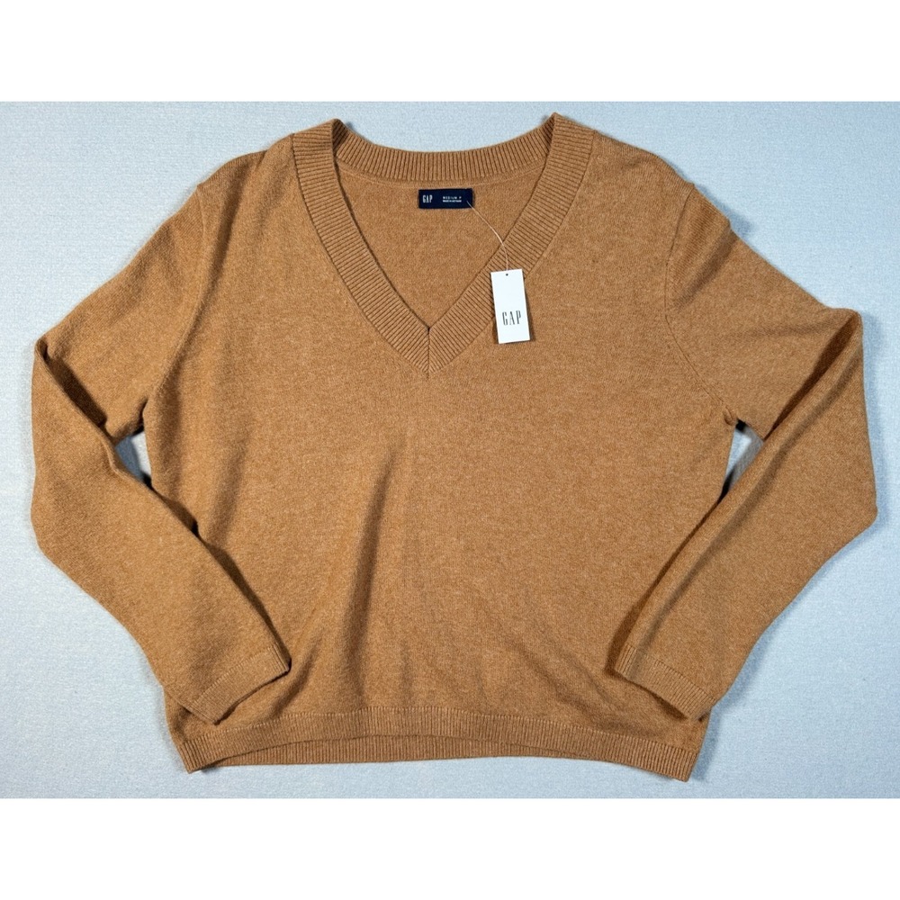 Gap Women's Camel Brown Knit V-Neck Sweater - Size M Petite - NEW W/ Tags
